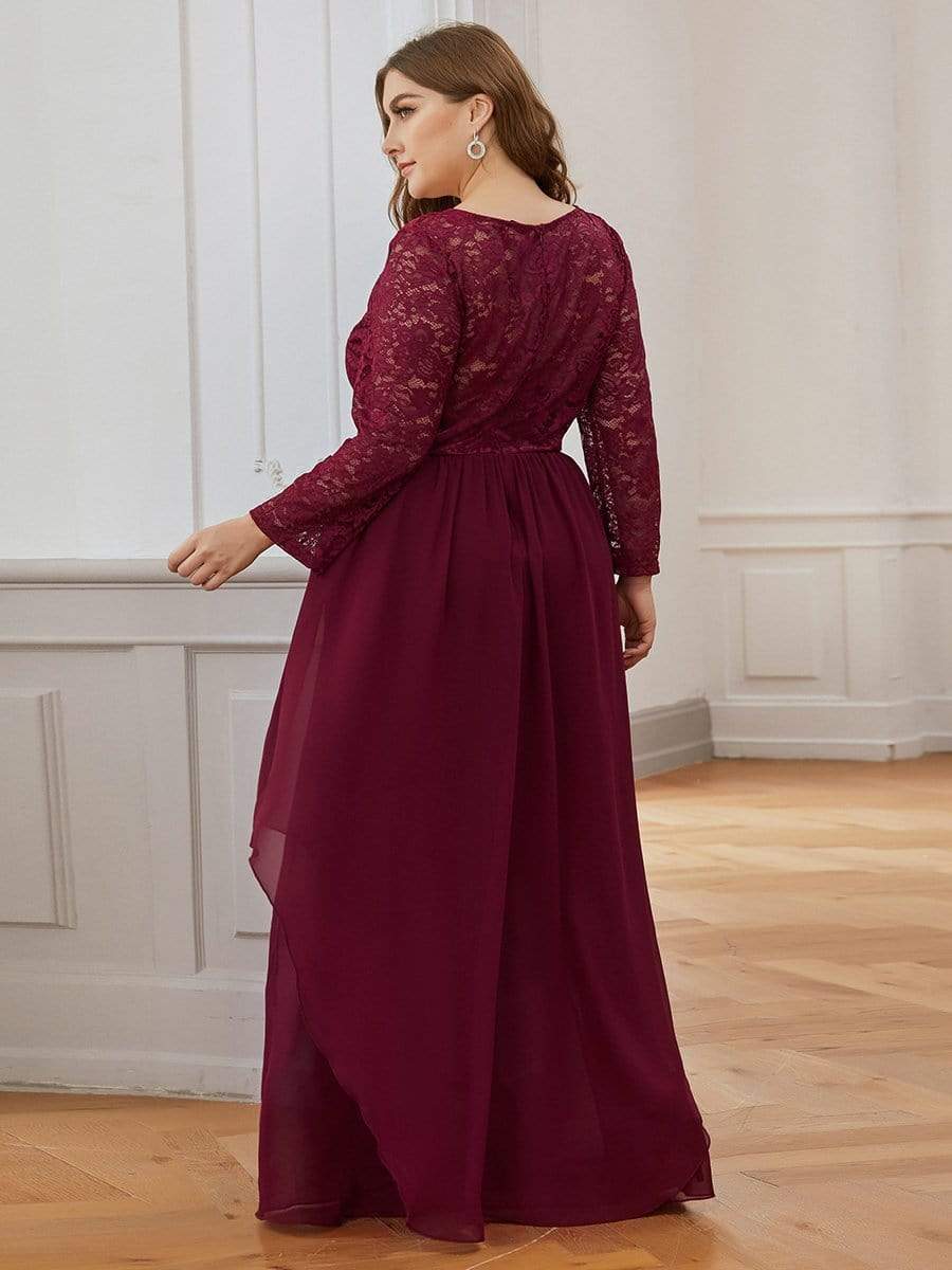 Classic Floral Lace Bridesmaid Dress with Long Sleeve #color_Burgundy 