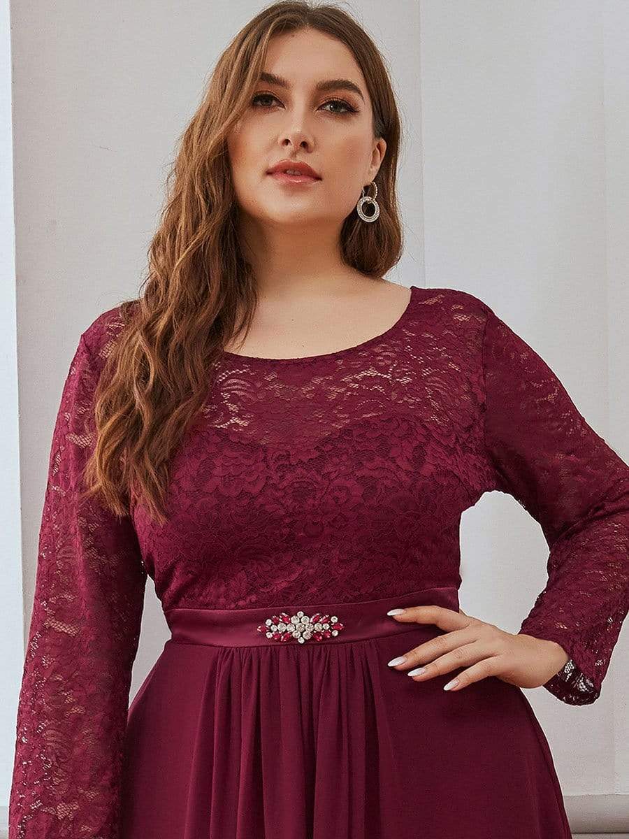 Classic Floral Lace Bridesmaid Dress with Long Sleeve #color_Burgundy 