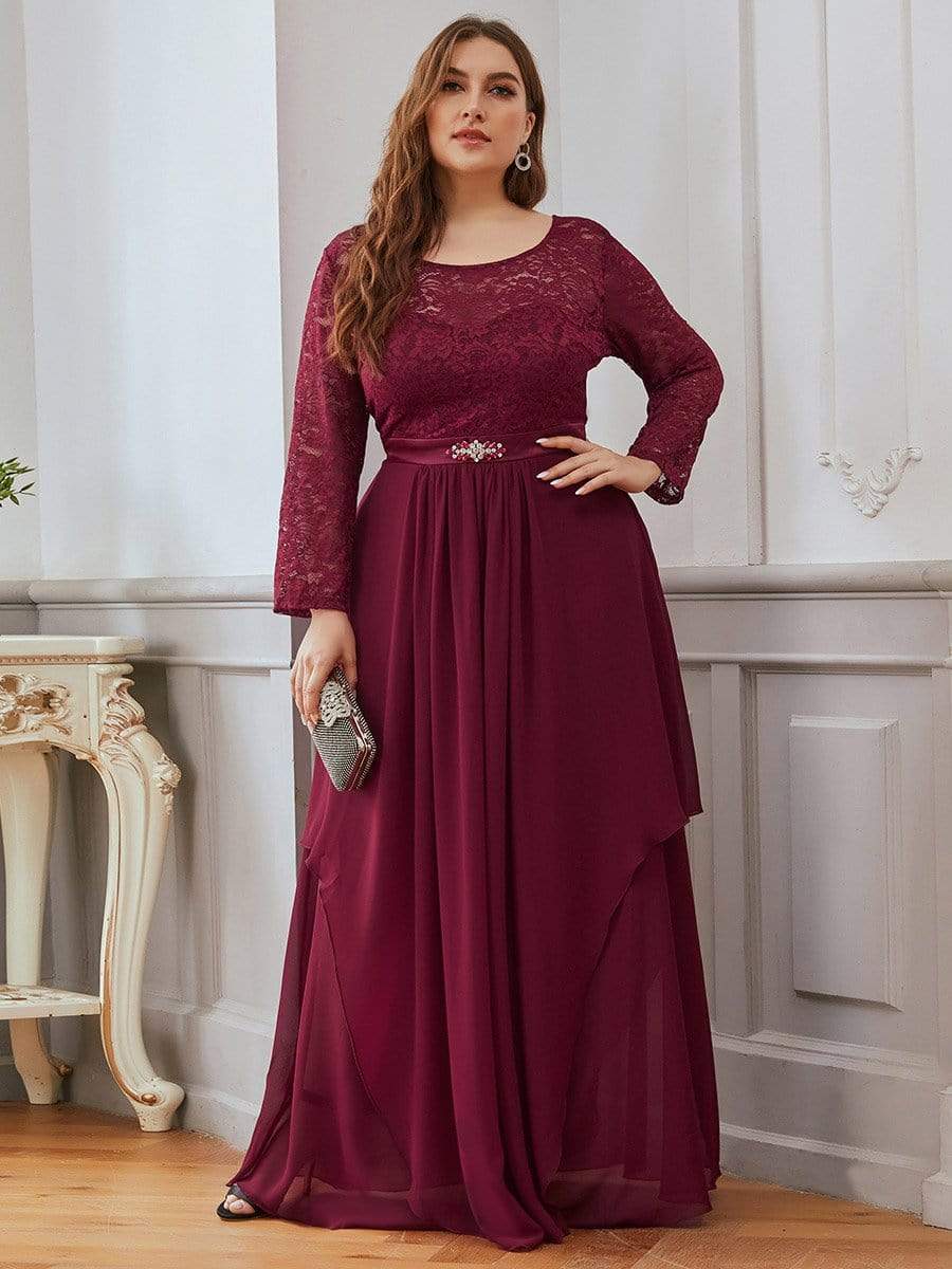 Classic Floral Lace Bridesmaid Dress with Long Sleeve #color_Burgundy 