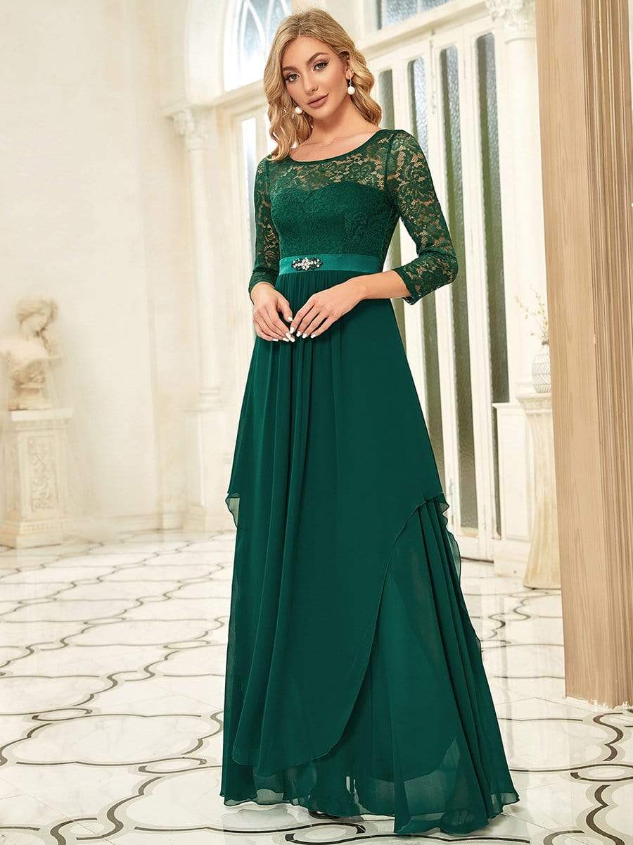 Classic Floral Lace Bridesmaid Dress with Long Sleeve #color_Dark Green 