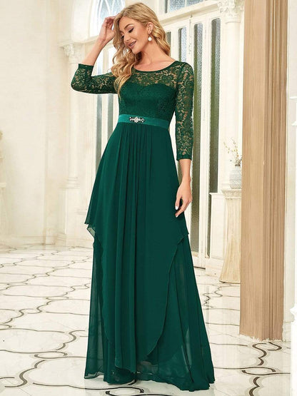 Classic Floral Lace Bridesmaid Dress with Long Sleeve #color_Dark Green 