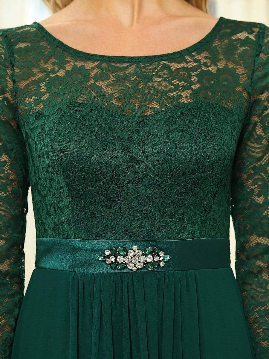 Classic Floral Lace Bridesmaid Dress with Long Sleeve #color_Dark Green 