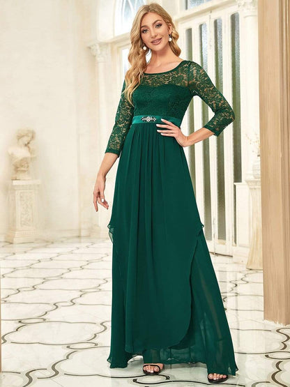 Classic Floral Lace Bridesmaid Dress with Long Sleeve #color_Dark Green 