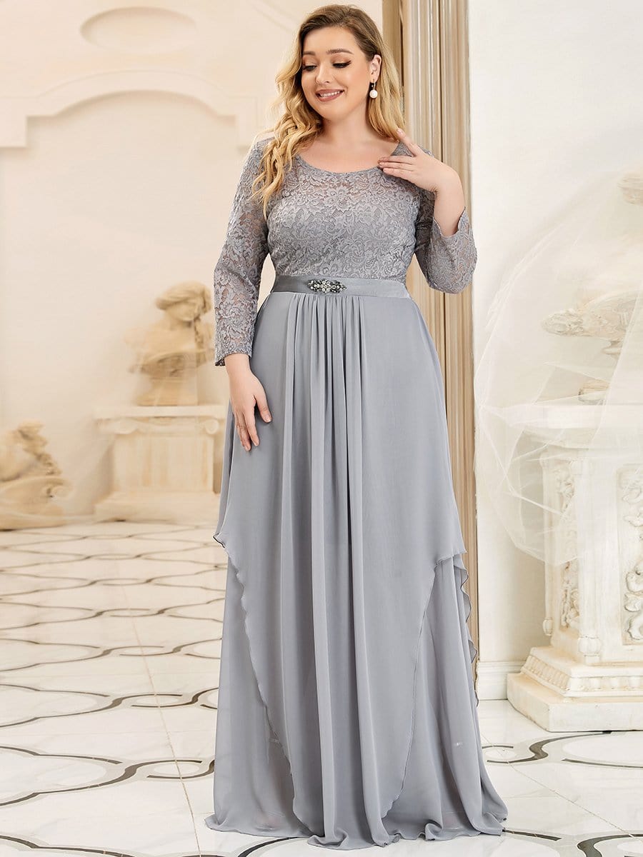 Classic Floral Lace Bridesmaid Dress with Long Sleeve #color_Grey 