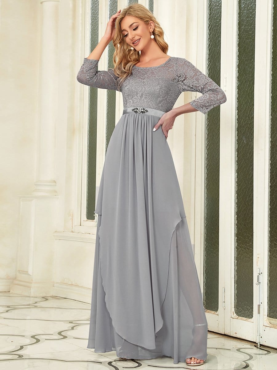 Classic Floral Lace Bridesmaid Dress with Long Sleeve #color_Grey 