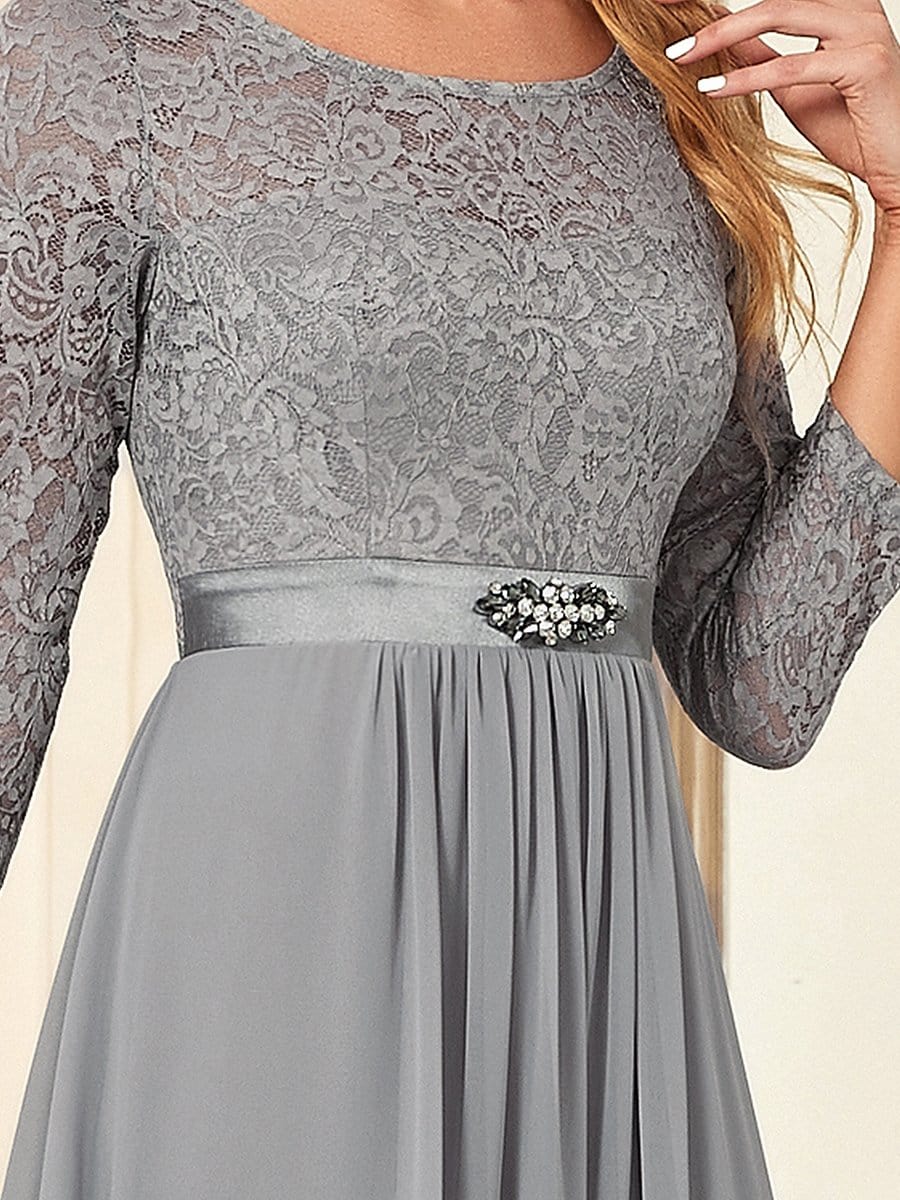 Classic Floral Lace Bridesmaid Dress with Long Sleeve #color_Grey 