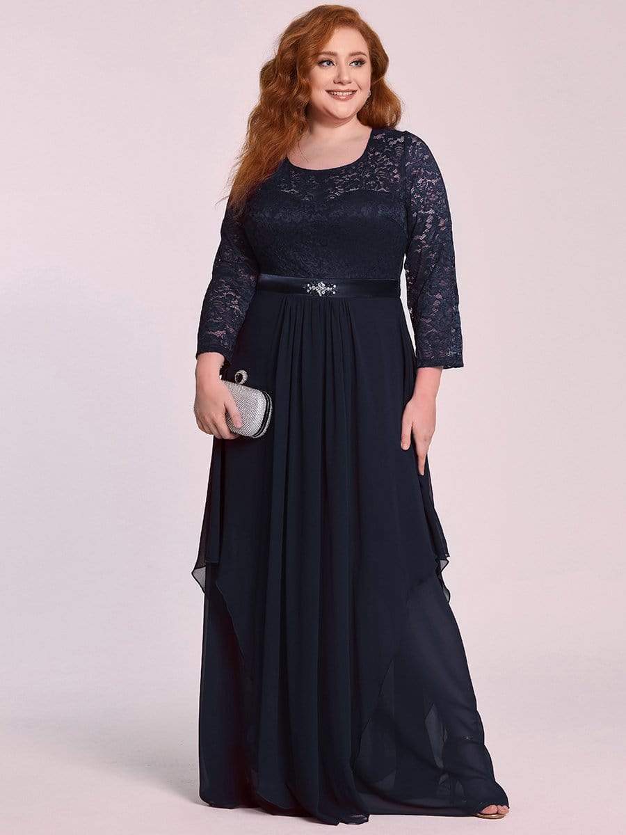 Classic Floral Lace Bridesmaid Dress with Long Sleeve #color_Navy Blue 