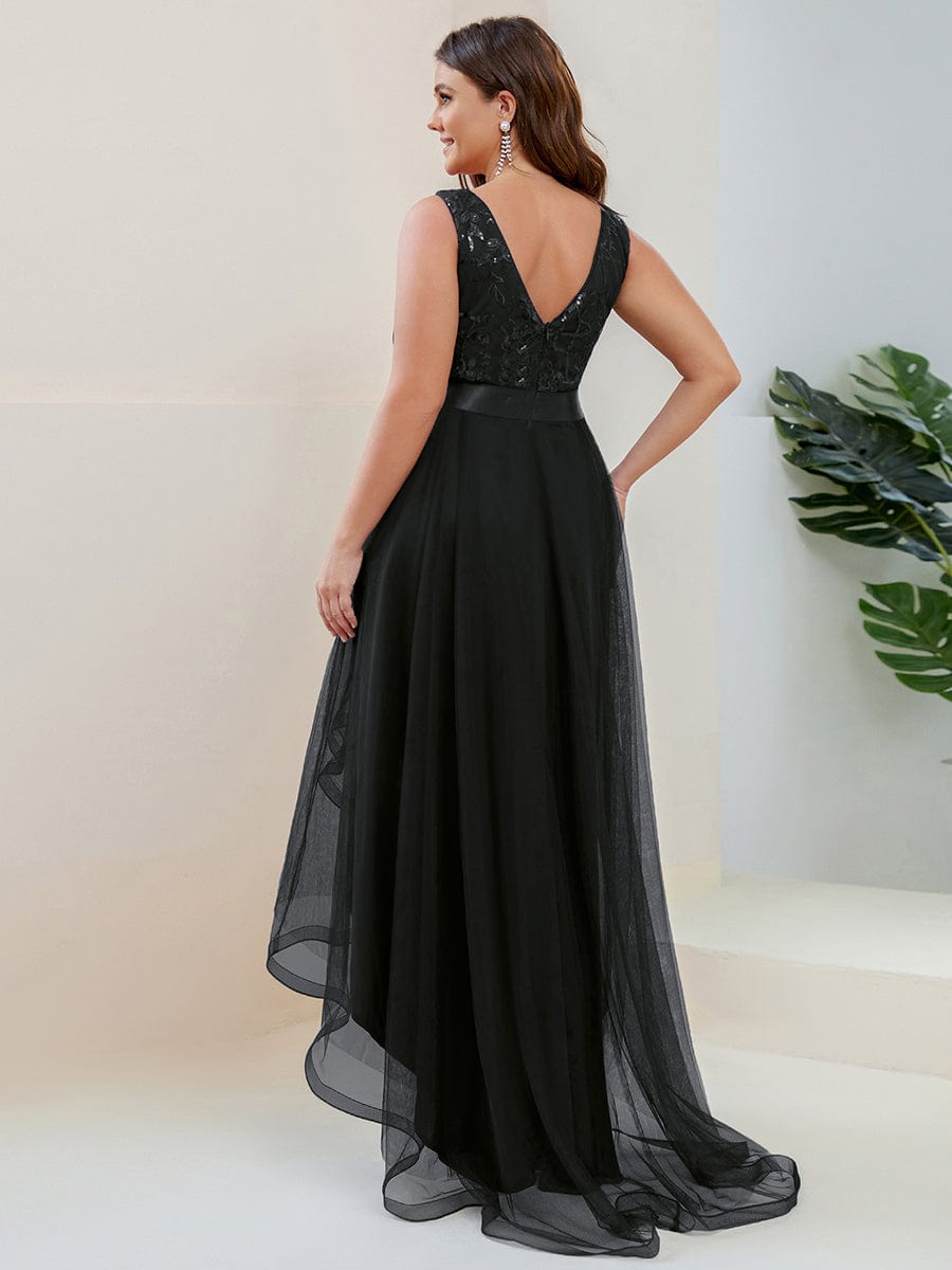 Fashion High-Low Deep V Neck Tulle Prom Dresses with Sequin Appliques #Color_Black