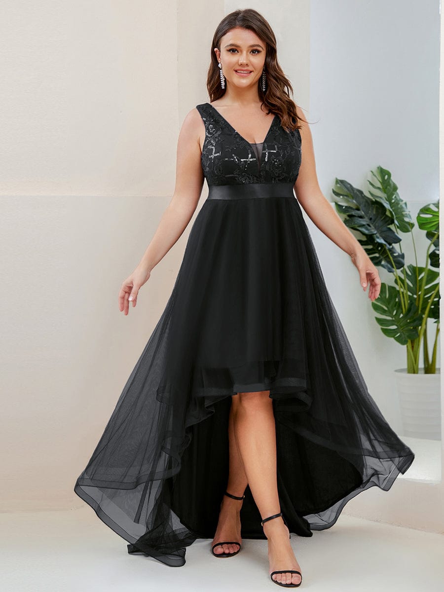 Plus Size Sequin High-Low Deep V Neck Tulle Evening Dresses #color_Black