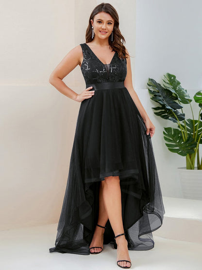 Plus Size Sequin High-Low Deep V Neck Tulle Evening Dresses #color_Black