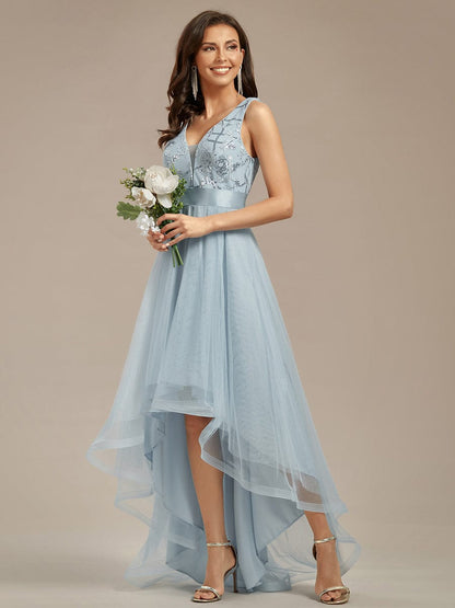 Fashion High-Low Deep V Neck Tulle Prom Dresses with Sequin Appliques #Color_Sky Blue