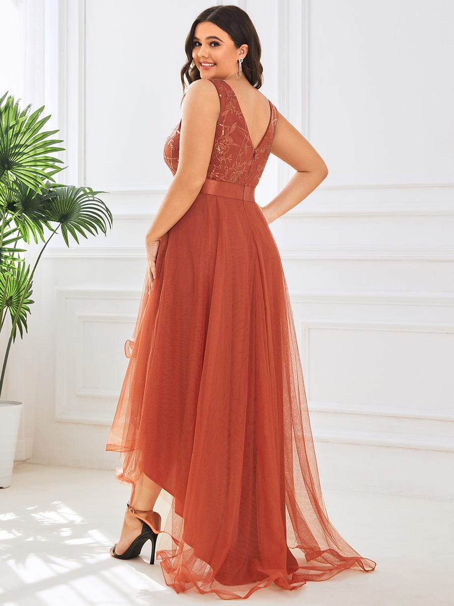 Sleeveless V-back Tulle High-Low Sequin Appliques Evening Dresses #color_Burnt Orange