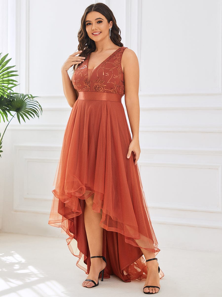 Custom Size High-Low Deep V Neck Tulle Prom Dresses with Sequin Appliques #color_Burnt Orange