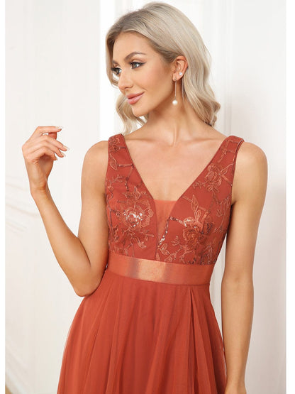 Sleeveless V-back Tulle High-Low Sequin Appliques Evening Dresses #color_Burnt Orange