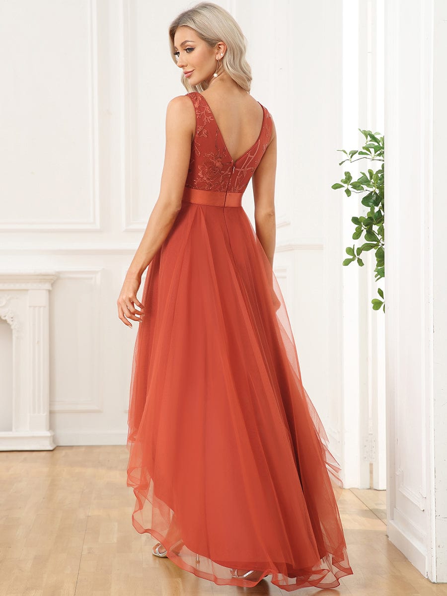 Sleeveless V-back Tulle High-Low Sequin Appliques Evening Dresses #color_Burnt Orange