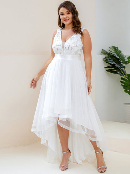 Plus Size Sequin High-Low Deep V Neck Tulle Evening Dresses #color_Cream