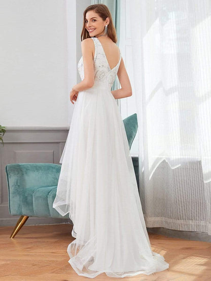 Fashion Sequin Appliques High-Low Tulle Elopement Dress for Wedding #Color_Cream