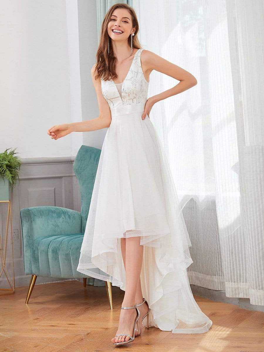 Fashion Sequin Appliques High-Low Tulle Elopement Dress for Wedding #Color_Cream