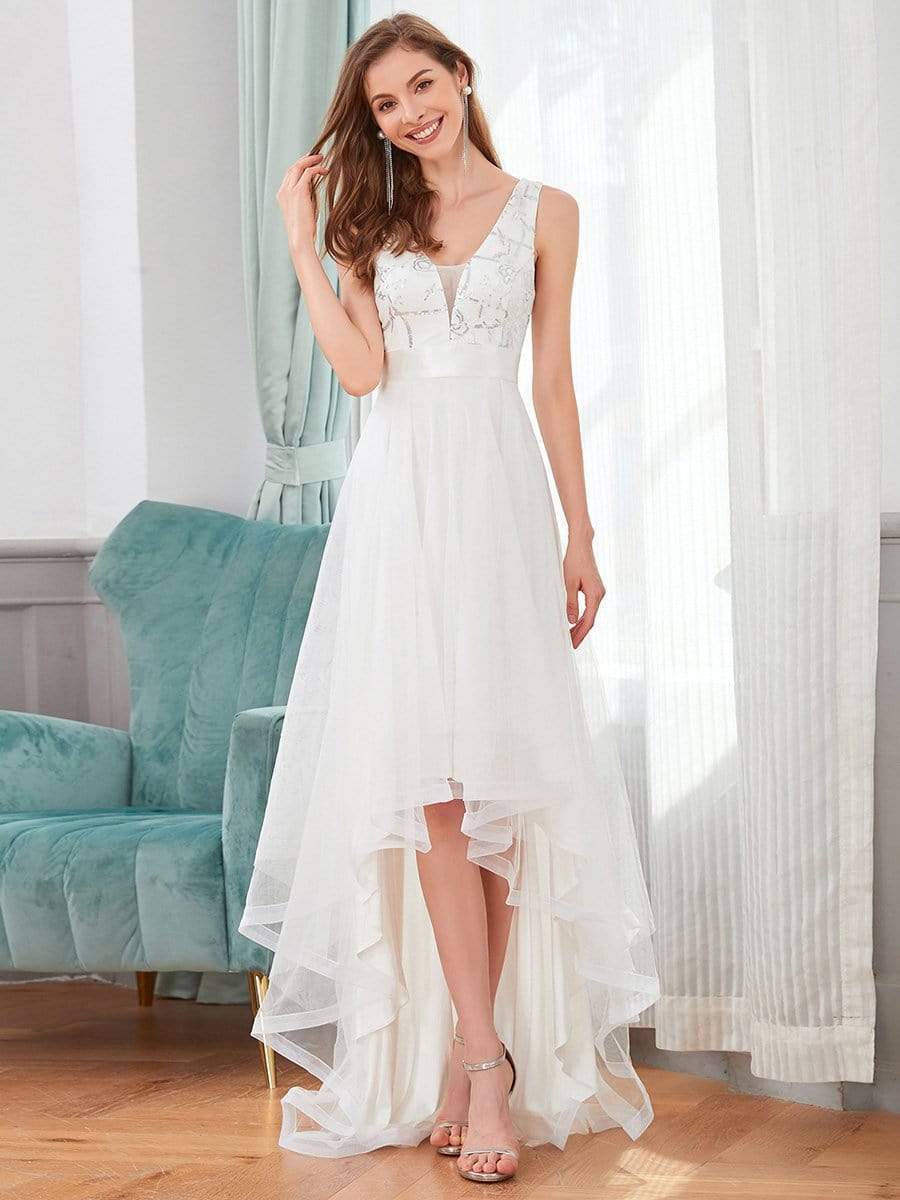 Fashion Sequin Appliques High-Low Tulle Elopement Dress for Wedding #Color_Cream