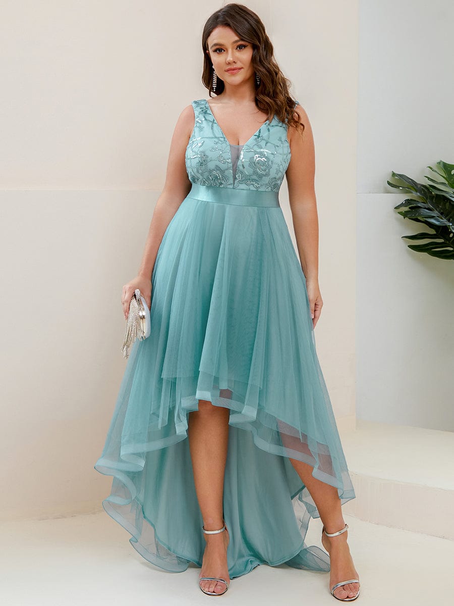 Custom Size High-Low Deep V Neck Tulle Prom Dresses with Sequin Appliques #color_Dusty Blue