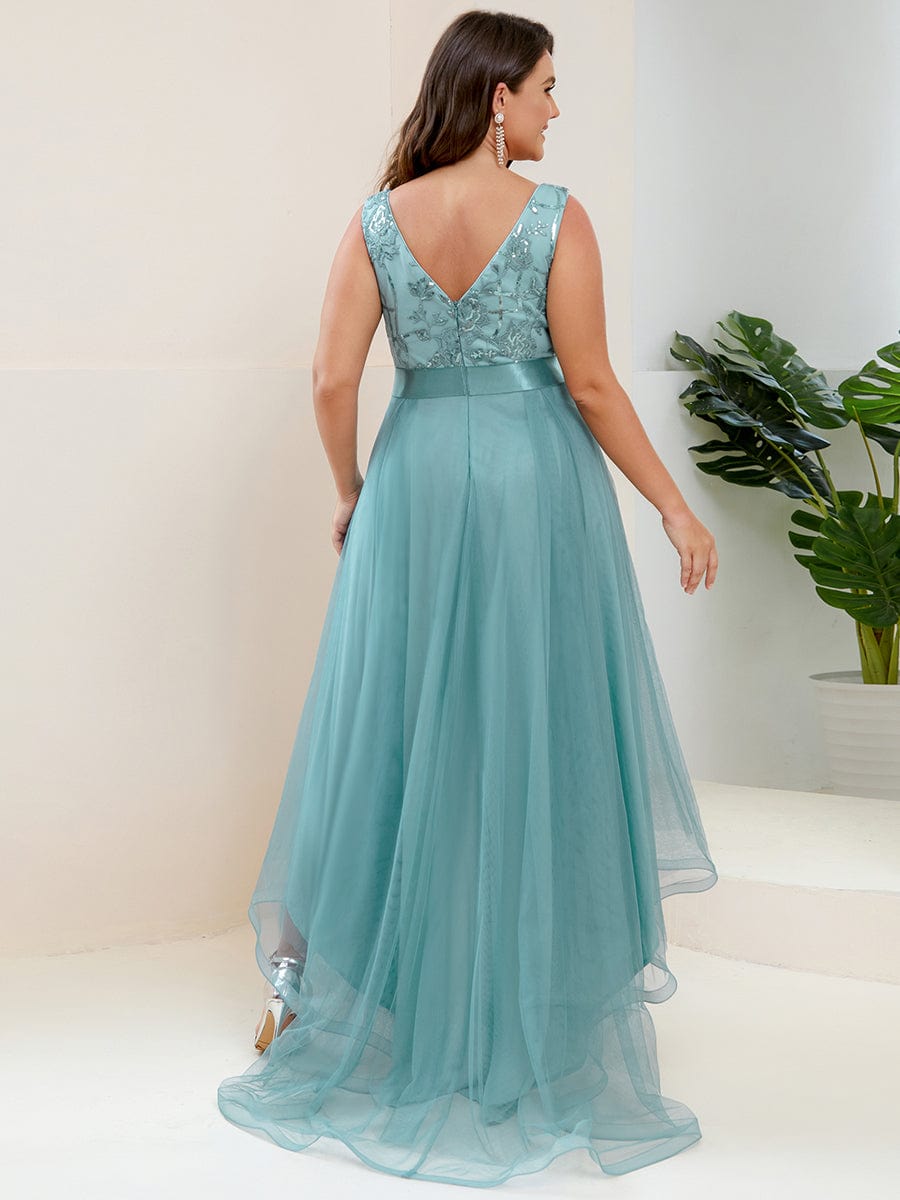 Plus Size Sequin High-Low Deep V Neck Tulle Evening Dresses #color_Dusty Blue