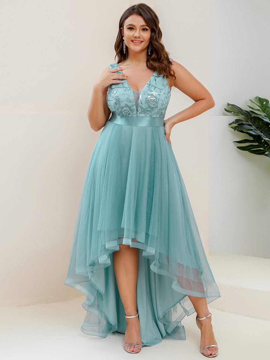 Fashion High-Low Deep V Neck Tulle Prom Dresses with Sequin Appliques #Color_Dusty Blue