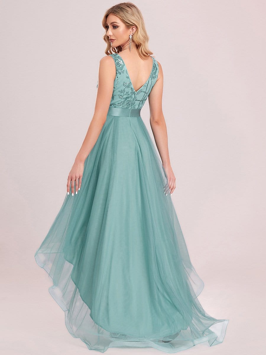 Fashion High-Low Deep V Neck Tulle Prom Dresses with Sequin Appliques #Color_Dusty Blue