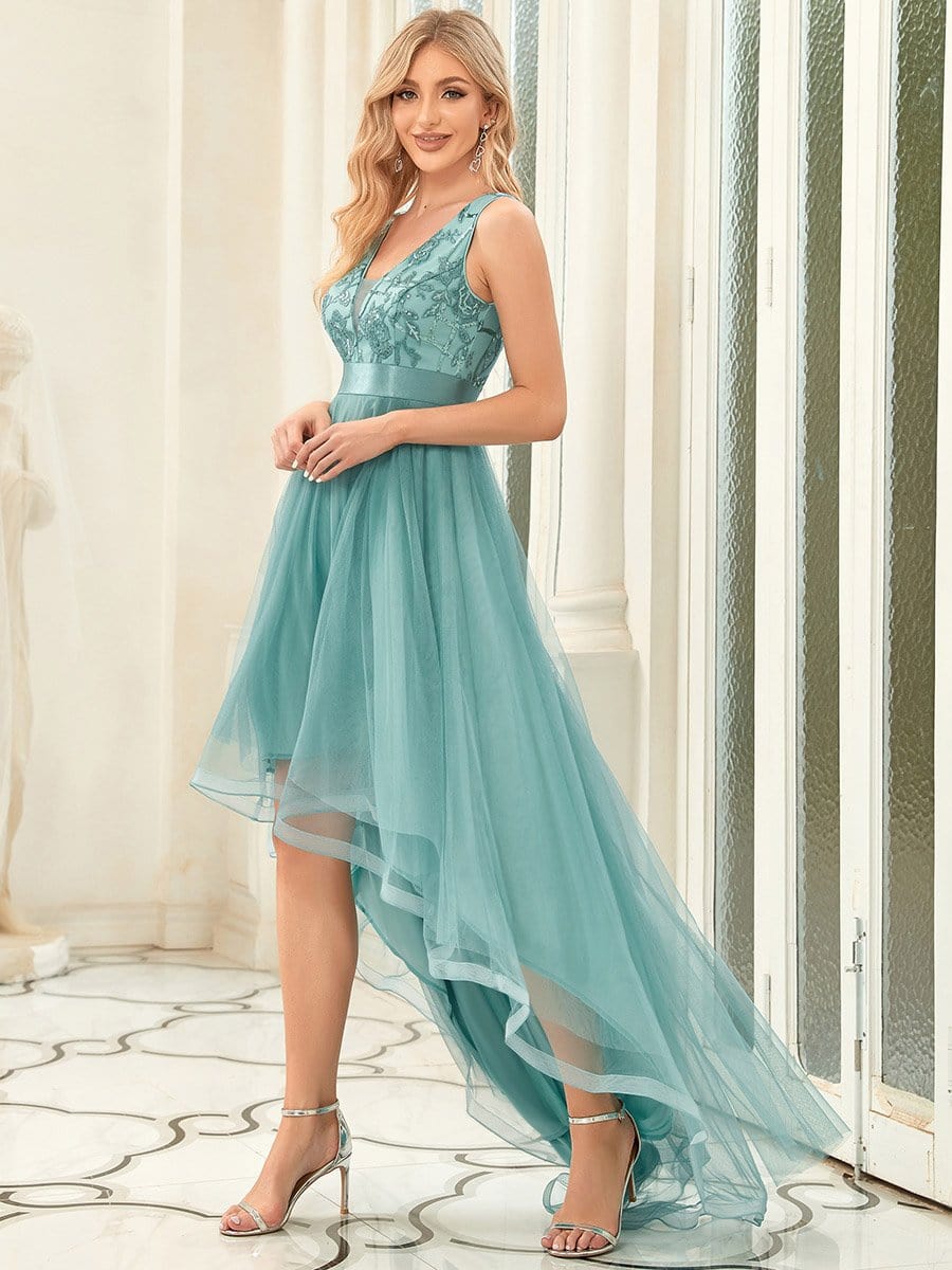 Fashion High-Low Deep V Neck Tulle Prom Dresses with Sequin Appliques #Color_Dusty Blue