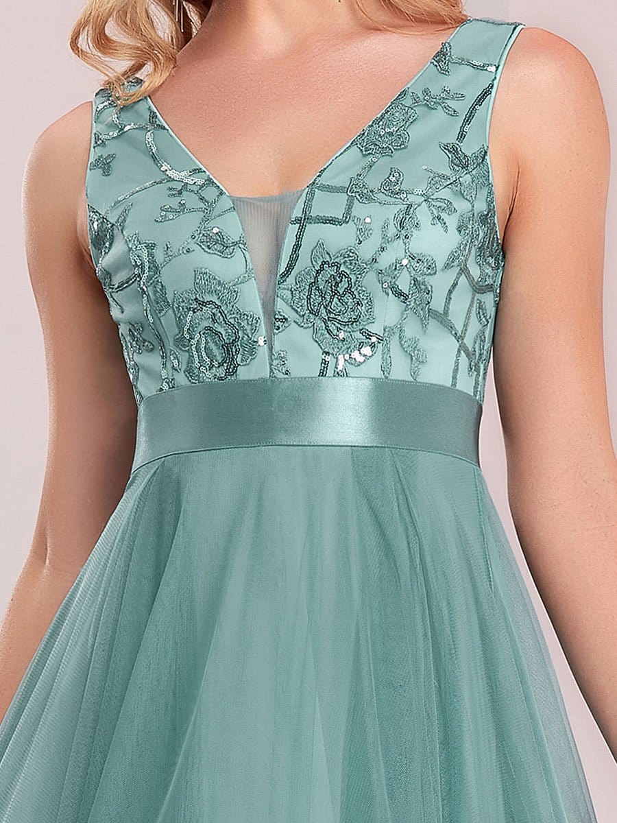 Fashion High-Low Deep V Neck Tulle Prom Dresses with Sequin Appliques #Color_Dusty Blue