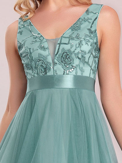 Fashion High-Low Deep V Neck Tulle Prom Dresses with Sequin Appliques #Color_Dusty Blue