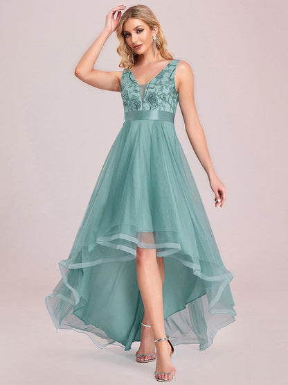 Fashion High-Low Deep V Neck Tulle Prom Dresses with Sequin Appliques #Color_Dusty Blue