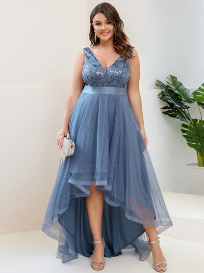 Fashion High-Low Deep V Neck Tulle Prom Dresses with Sequin Appliques #Color_Dusty Navy