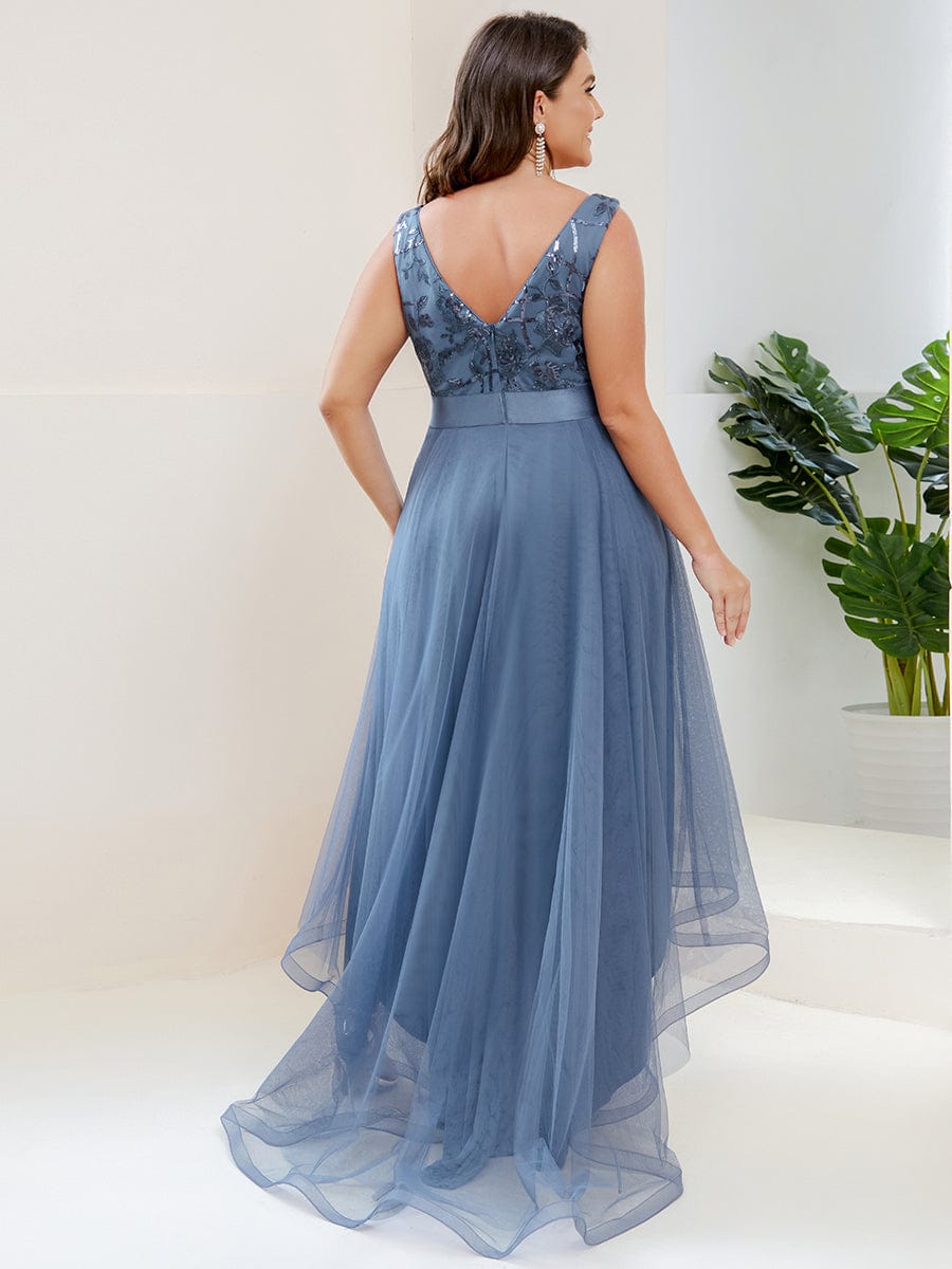 Custom Size High-Low Deep V Neck Tulle Prom Dresses with Sequin Appliques #color_Dusty Navy