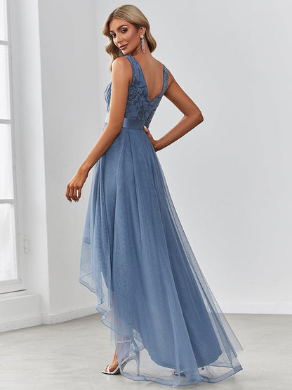 Fashion High-Low Deep V Neck Tulle Prom Dresses with Sequin Appliques #Color_Dusty Navy