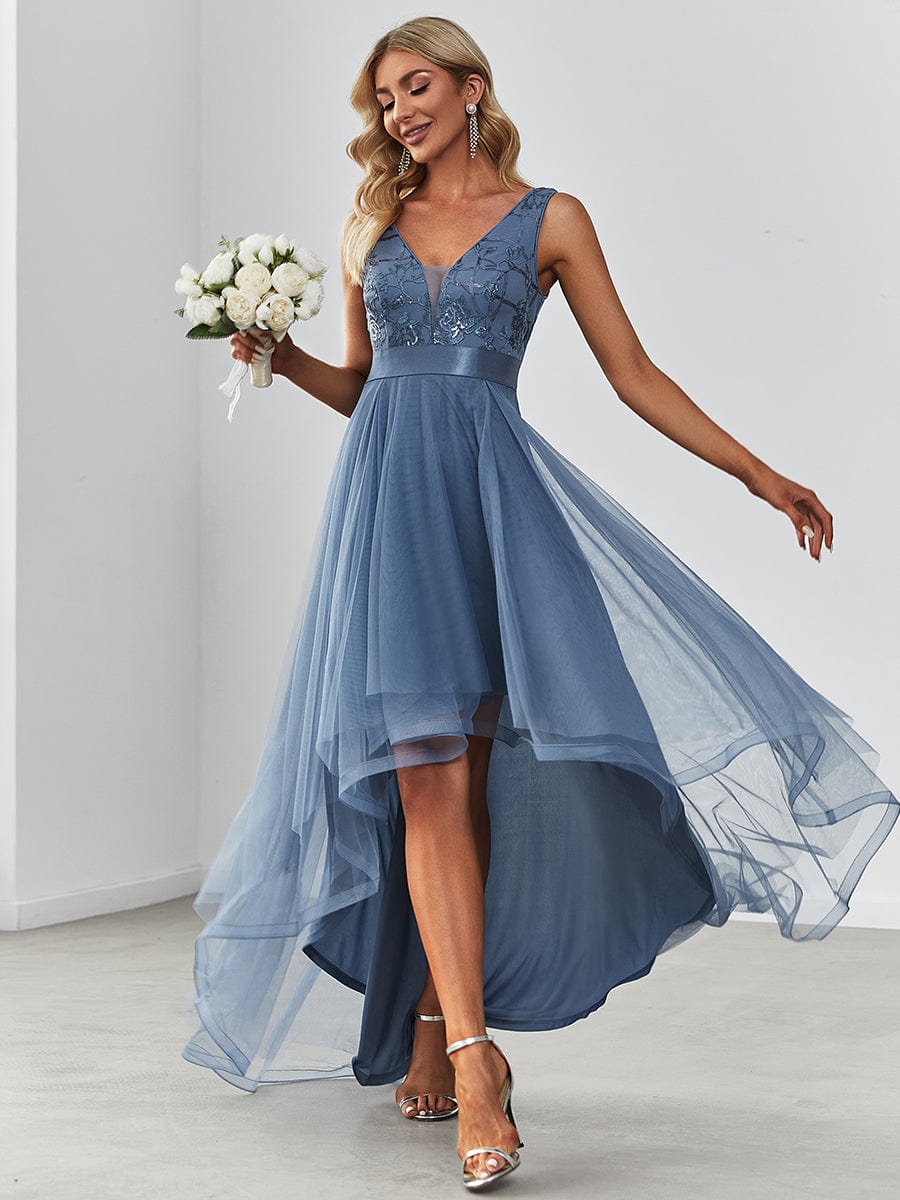 Fashion High-Low Deep V Neck Tulle Prom Dresses with Sequin Appliques #Color_Dusty Navy