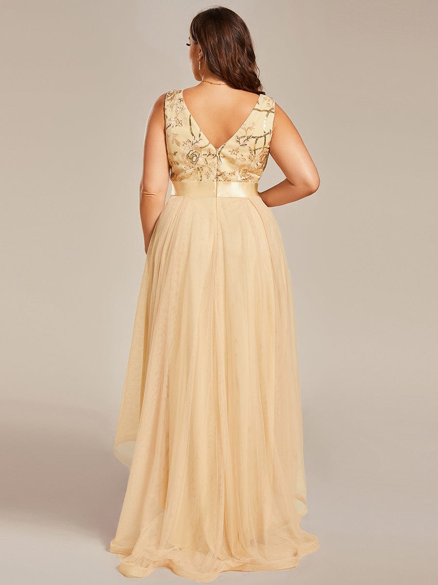 Sleeveless V-back Tulle High-Low Sequin Appliques Evening Dresses #color_Gold