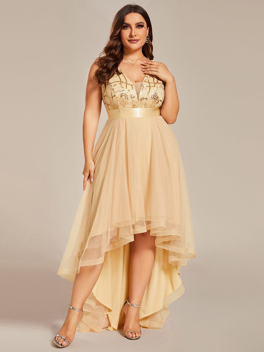 Plus Size Sequin High-Low Deep V Neck Tulle Evening Dresses #color_Gold