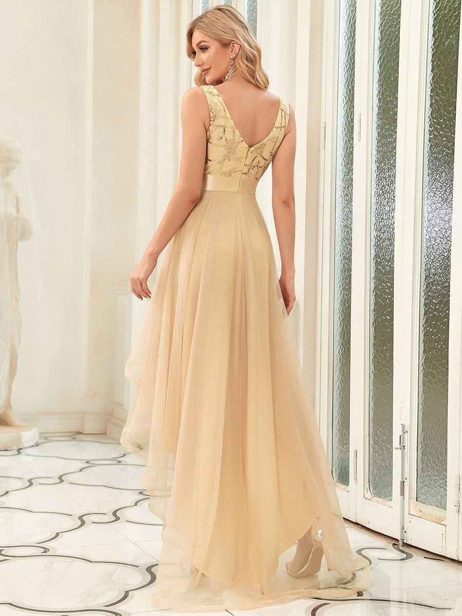 Sleeveless V-back Tulle High-Low Sequin Appliques Evening Dresses #color_Gold