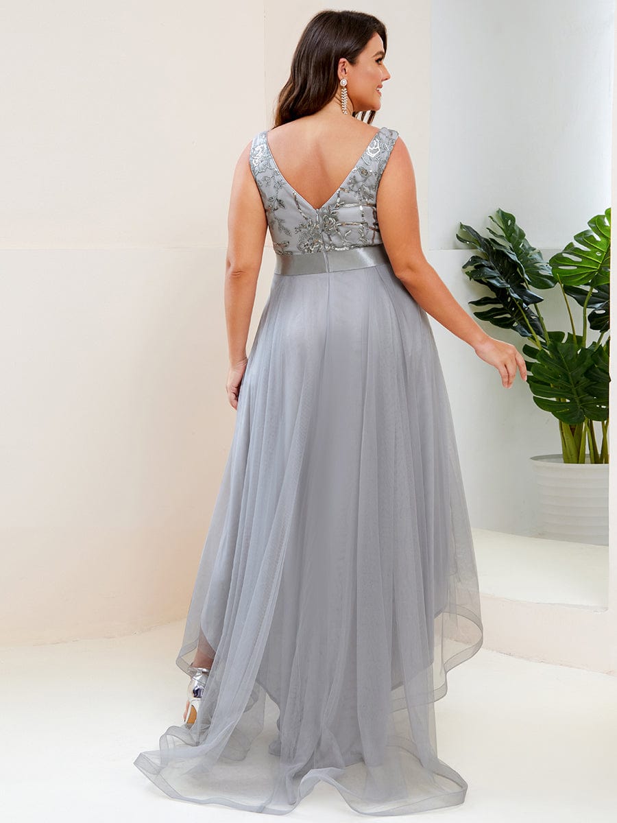 Fashion High-Low Deep V Neck Tulle Prom Dresses with Sequin Appliques #Color_Grey