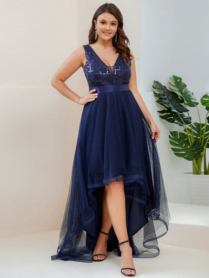 Plus Size Sequin High-Low Deep V Neck Tulle Prom Dresses