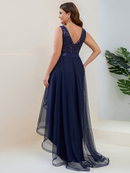 Plus Size Sequin High-Low Deep V Neck Tulle Evening Dresses #color_Navy Blue