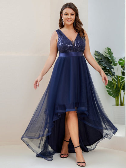 Custom Size High-Low Deep V Neck Tulle Prom Dresses with Sequin Appliques #color_Navy Blue