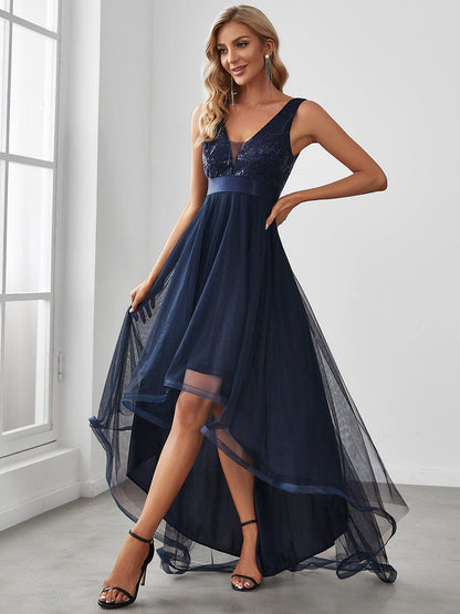 Fashion High-Low Deep V Neck Tulle Prom Dresses with Sequin Appliques #Color_Navy Blue