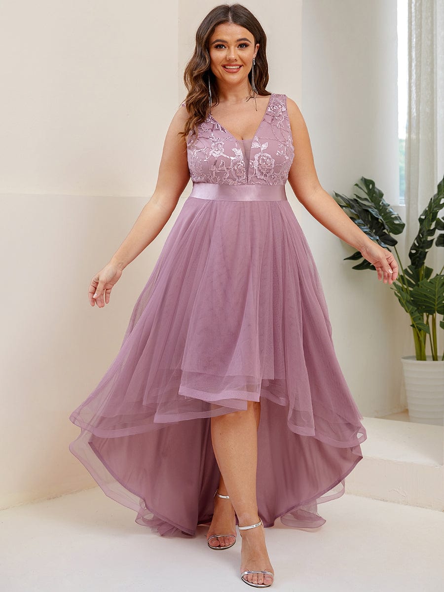 Custom Size High-Low Deep V Neck Tulle Prom Dresses with Sequin Appliques #color_Purple Orchid