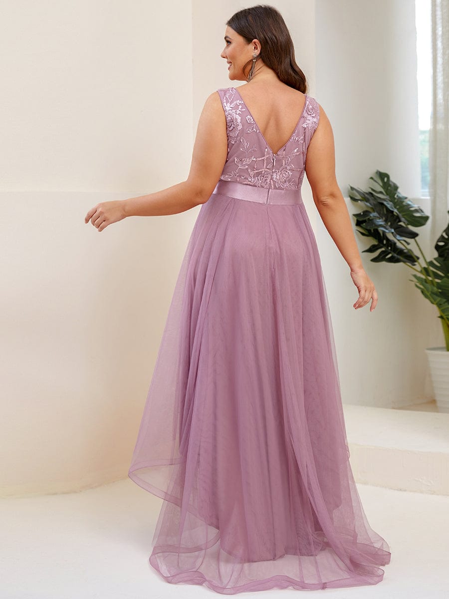 Fashion High-Low Deep V Neck Tulle Prom Dresses with Sequin Appliques #Color_Purple Orchid