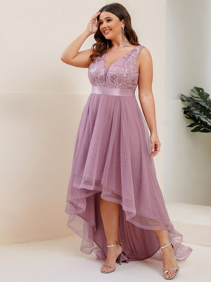 Plus Size Sequin High-Low Deep V Neck Tulle Evening Dresses #color_Purple Orchid