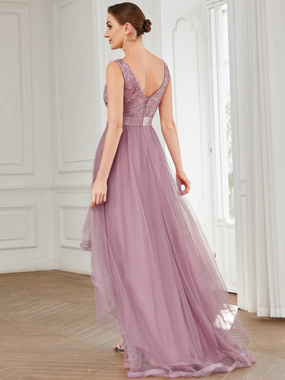 Fashion High-Low Deep V Neck Tulle Prom Dresses with Sequin Appliques #Color_Purple Orchid