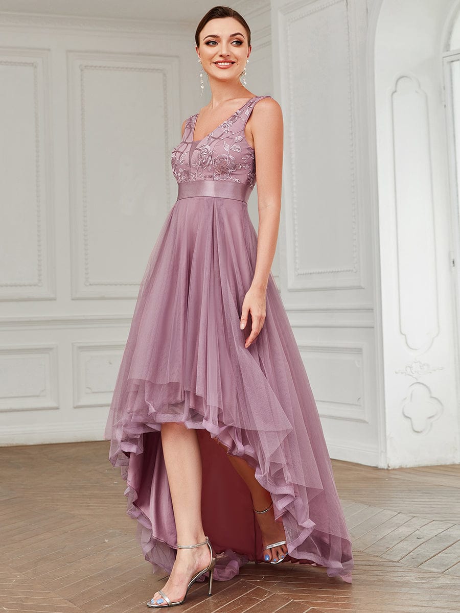 Fashion High-Low Deep V Neck Tulle Prom Dresses with Sequin Appliques #Color_Purple Orchid