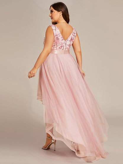 Sleeveless V-back Tulle High-Low Sequin Appliques Evening Dresses #color_Pink