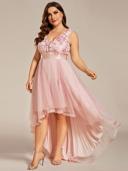 Plus Size Sequin High-Low Deep V Neck Tulle Evening Dresses #color_Pink